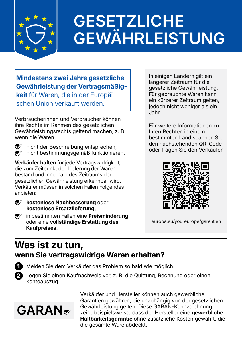 Gesetzliche Gew&auml;hrleistung: harmonisierte Mitteilung der Europ&auml;ischen Union f&uuml;r Verbraucher